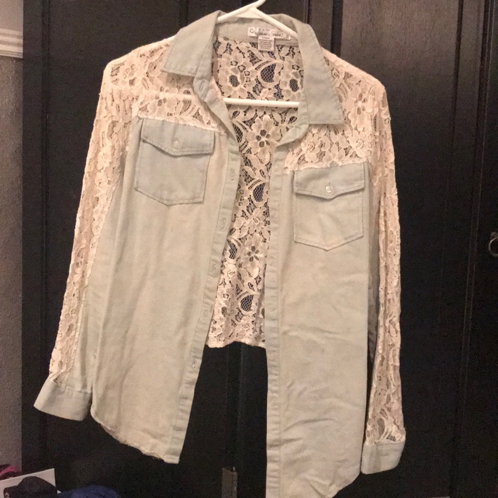 Lace denim button up